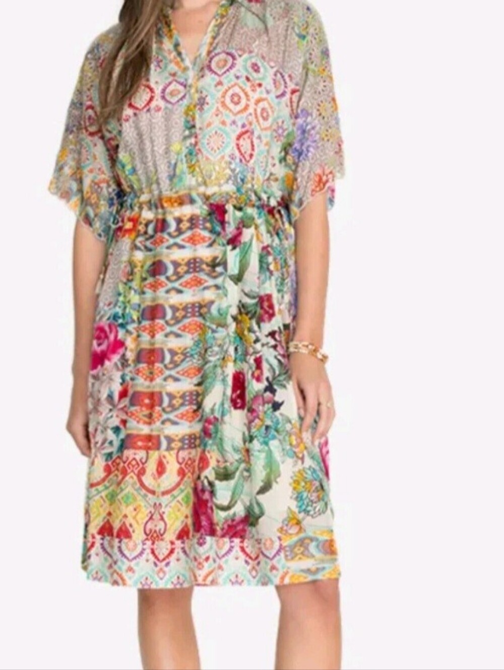 JOHNNY WAS PEARCE BIRDIE DRESS SILK BOHO MIDI VIBRANT FLORAL V-NECK WOMENS SM